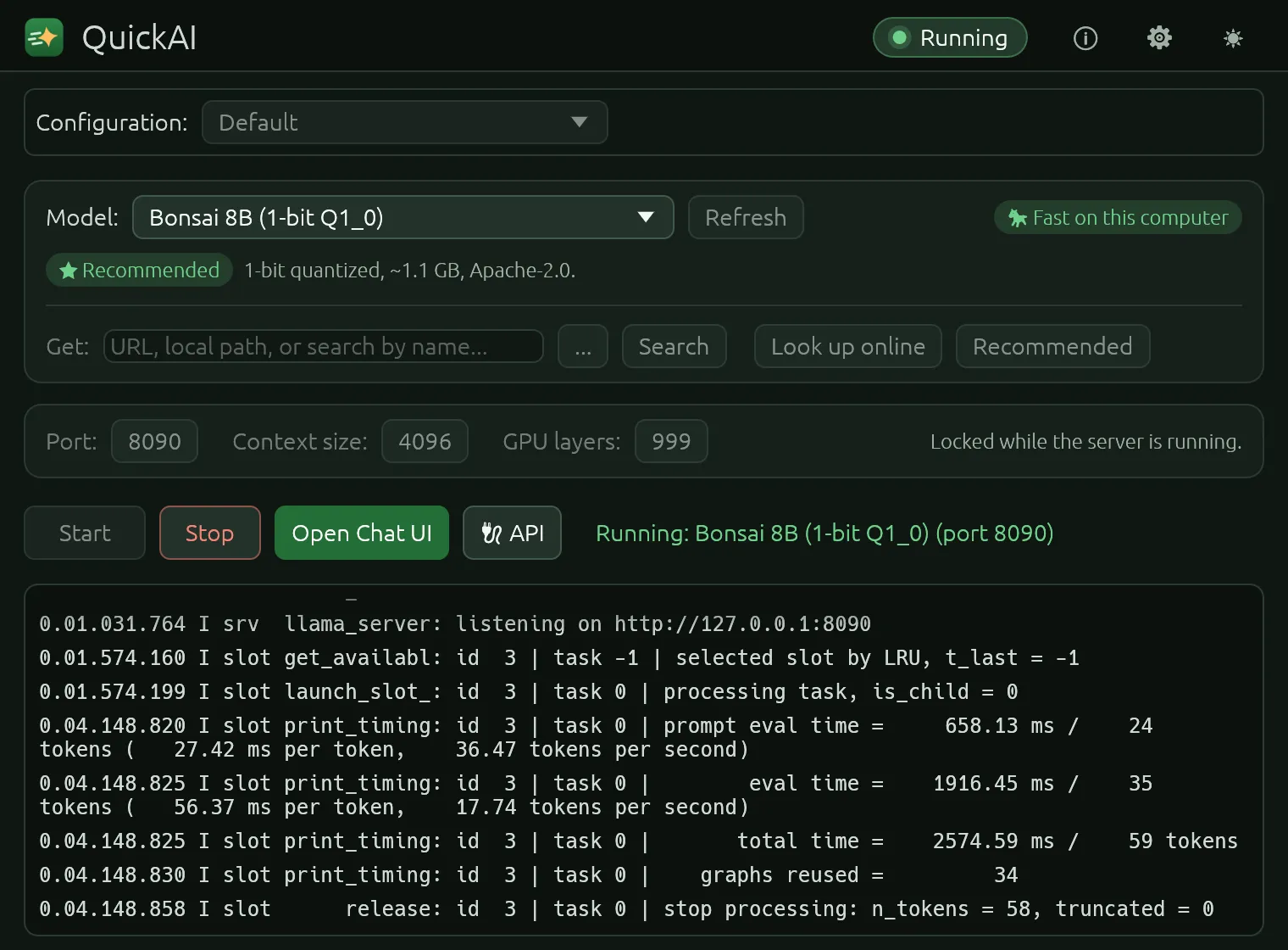 QuickAI's window running Bonsai 8B: the Running pill, the model with its Recommended and speed chips, the Start, Stop, Open Chat UI and API buttons, and the model server's log.