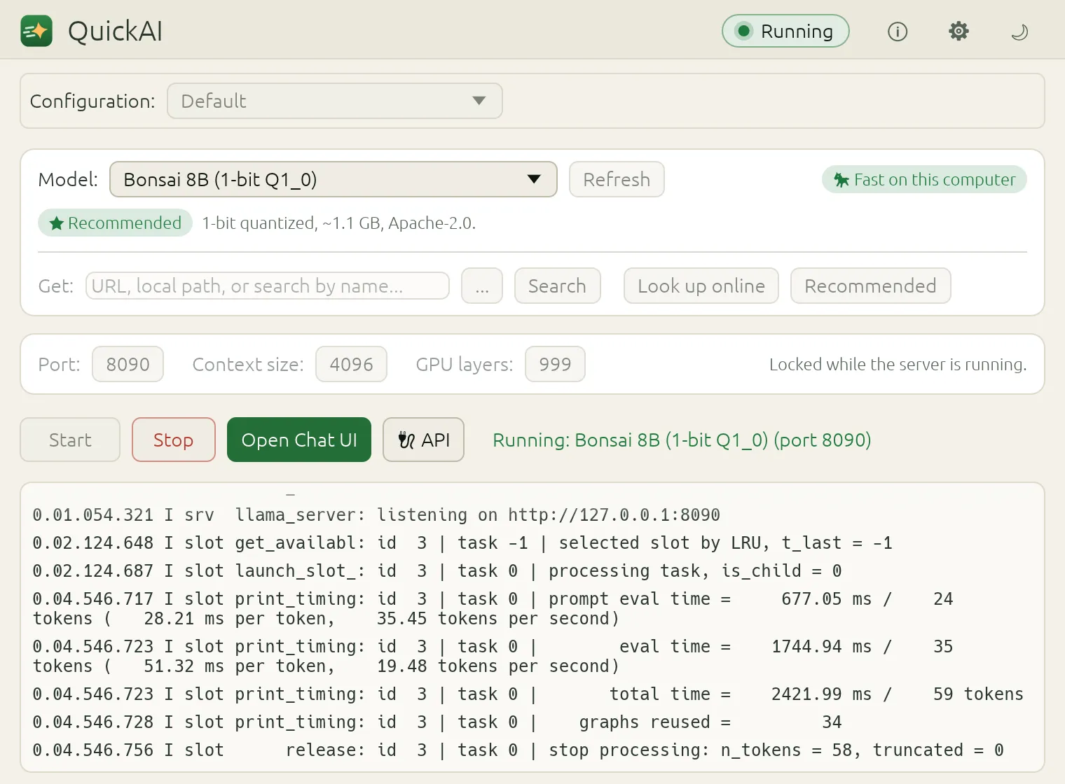 QuickAI's window running Bonsai 8B: the Running pill, the model with its Recommended and speed chips, the Start, Stop, Open Chat UI and API buttons, and the model server's log.